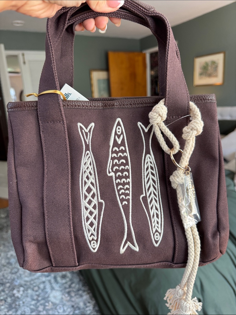 Viral sardine Canvas Fish Tote Bag in Deep Brown with White Embroidery